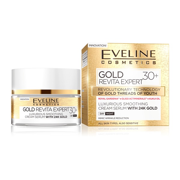 Eveline Cosmetics Gold Revita Expert Du Sérum De Crème Lissée Avec 24 Km, Pour Jour Et Nuit, 30+, 50 Ml 