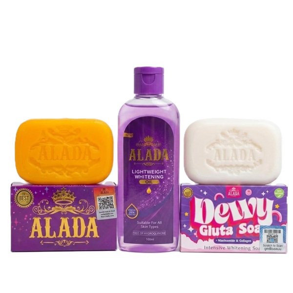 ALADA 3-in-1 Skincare Combo, Dewy Gluta Soap with Niacinamide and Collagen 70g, Lightweight Whitening Oil 100ml, Original Brightening Soap Bar 160gm