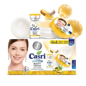 Casri 4-in-1 Beauty Cream Kit Casri 4-in-1 Beauty Cream Kit is a complete daily skincare solution featuring Soap, Beauty Cream, Capsule, and Serum enriched with Avocado, Aloe Vera, and SPF 60. Designed to cleanse, nourish, hydrate, and protect the skin, this all-in-one skincare kit helps promote a smoother, healthier, and naturally radiant complexion. Key Highlights ✓ Complete 4-in-1 skincare kit: Soap, Cream, Capsule & Serum ✓ Enriched with Avocado & Aloe Vera extracts ✓ SPF 60 helps protect against harmful UV rays ✓ Deeply moisturizes and nourishes the skin ✓ Supports smoother and softer skin texture ✓ Lightweight, non-greasy formulas for daily use ✓ Suitable for all skin types ✓ Complete skincare routine in one convenient package